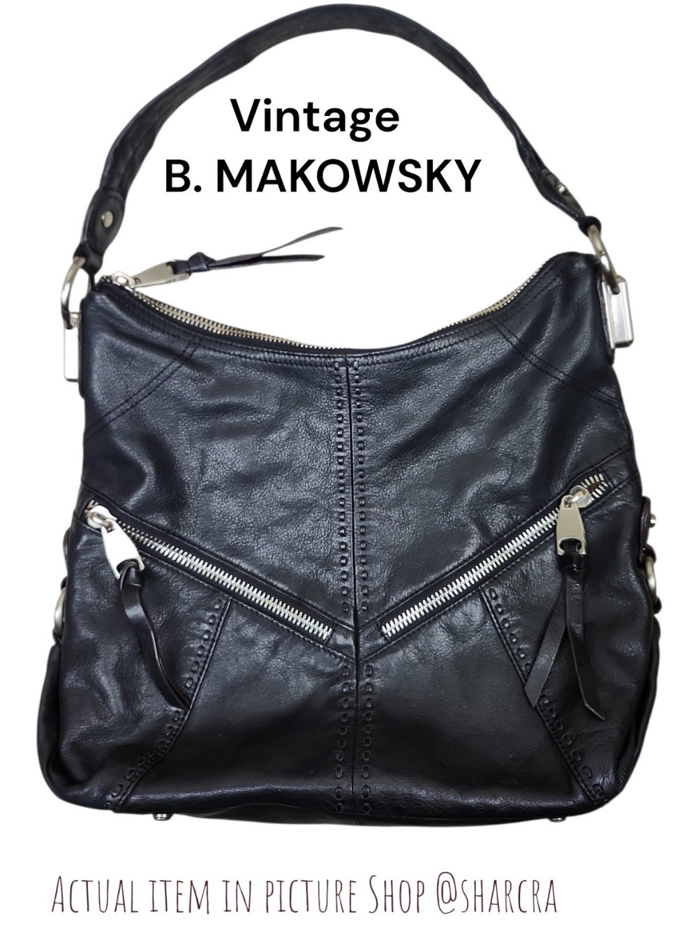 Vintage B. Makowsky Black Leather Hobo Bag Exterior Zips Chunky Silver Accents